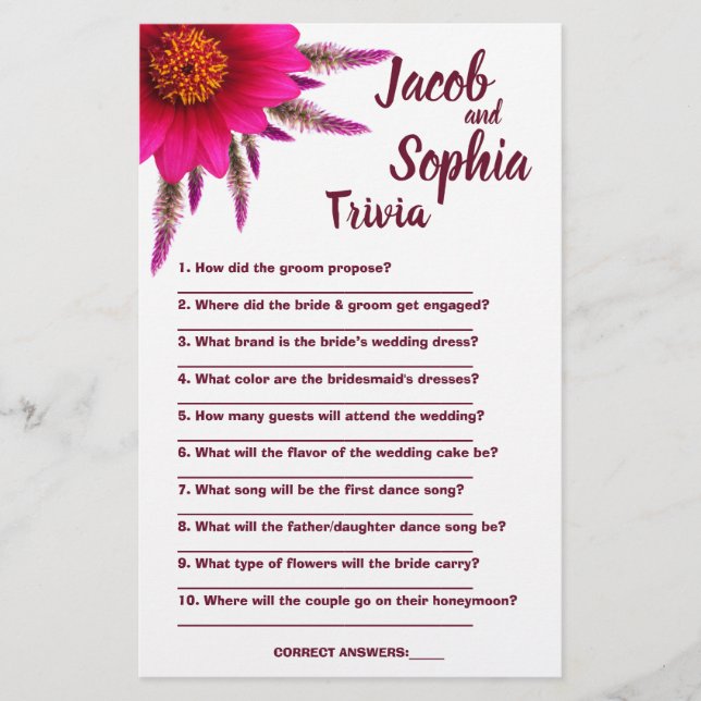 LILA BRIDE & GROOM TRIVIA DUSCHKARTE FLYER (Vorne)