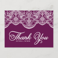 Lila Brokatspitze Hochzeit Danke Postkarte