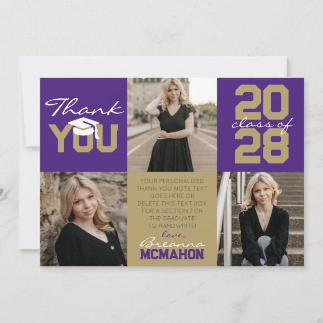 Lila & Bronze Gold 3 Foto Abschluss Vielen Dank Einladung (Vorderseite)