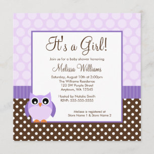 Lila Brown-Eulen-Polka-Punkt-Mädchen-Baby-Dusche Einladung
