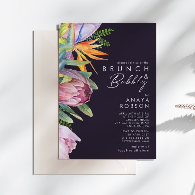 Lila Brunch mit tropischer Flora und Bubbly Einladung (Von Creator hochgeladen)