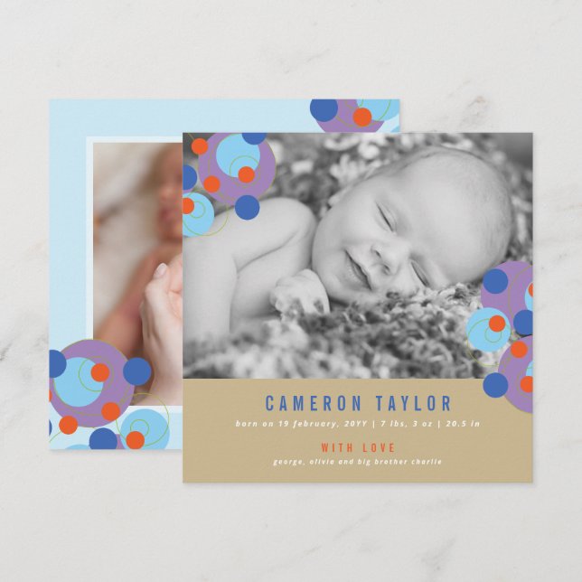 Lila Bubbly Circles Baby Boy Birth Ankündigung (Vorne/Hinten)