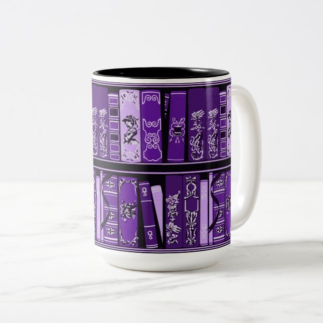 Lila Bücherregale Vintage Bücher Zweifarbige Tasse (VorderseiteRechts)