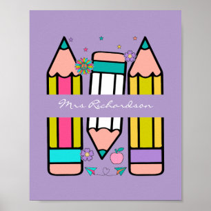 Lila buntes Lehrer Cartoon Bleistift Poster