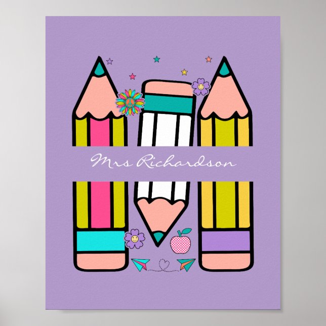 Lila buntes Lehrer Cartoon Bleistift Poster (Vorne)