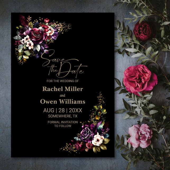 Lila Burgunder Schwarzer Flora Hochzeit speichern  Save The Date (Von Creator hochgeladen)