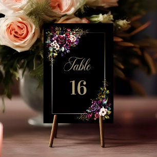 Lila Burgundy Black Floral Wedding Tischnummer