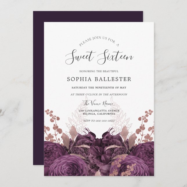 Lila Burgundy Floral Elegant Sweet 16 Party Einladung (Vorne/Hinten)