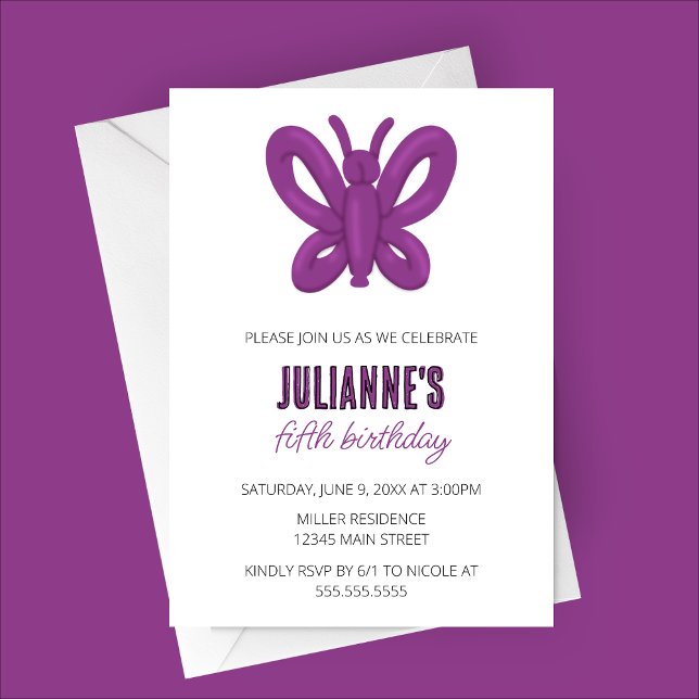 Lila Butterfly Ballon Tier Geburtstag Einladung (Purple Butterfly Balloon Animal Birthday Party Invitation)