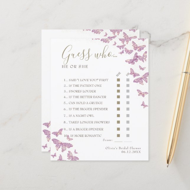 Lila Butterfly Boho Brautparty Ratess Wer Game (Vorderseite/Rückseite Beispiel)