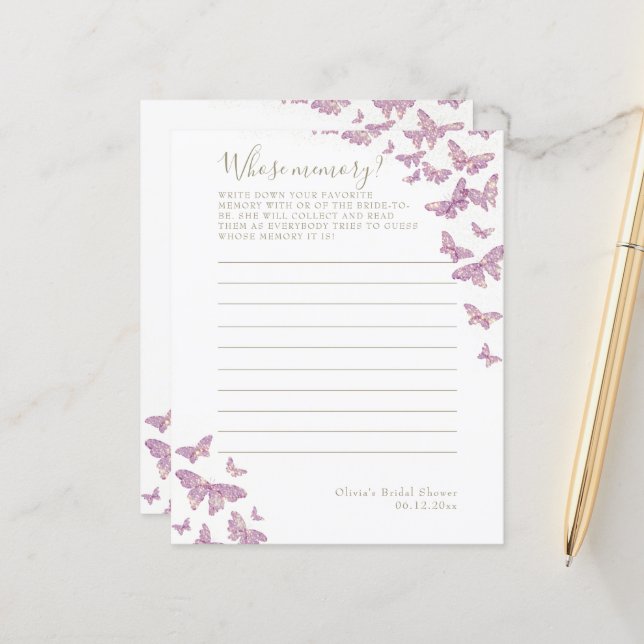 Lila Butterfly-Brautparty mit Memory Game (Vorderseite/Rückseite Beispiel)