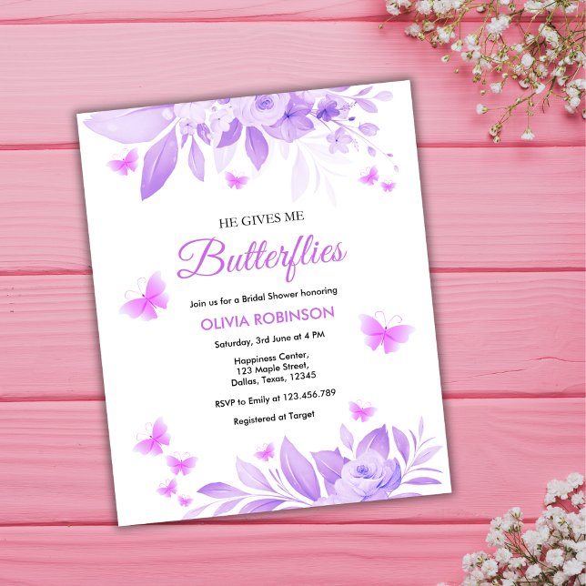 Lila Butterfly Bridal Dusche Einladung Flyer (Budget He Gives Me Butterflies Purple Bridal Shower Invitation )