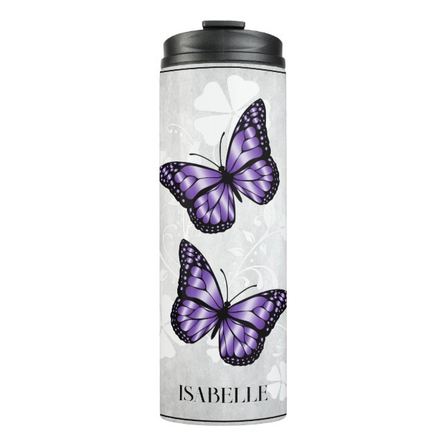 Lila Butterfly Floral Personalisiert Thermosbecher (Vorderseite)