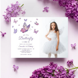 Lila Butterfly Girl Geburtstagsgeschenk Foto Einladung