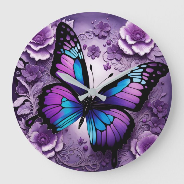 Lila Butterfly Große Wanduhr (Vorderseite)