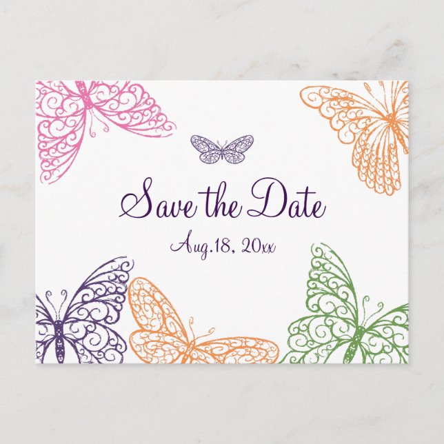 Lila Butterfly Kisses Save the Date Ankündigungspostkarte (Vorderseite)