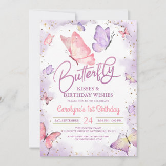 Lila Butterfly Kisses und Geburtstagswünsche Einladung