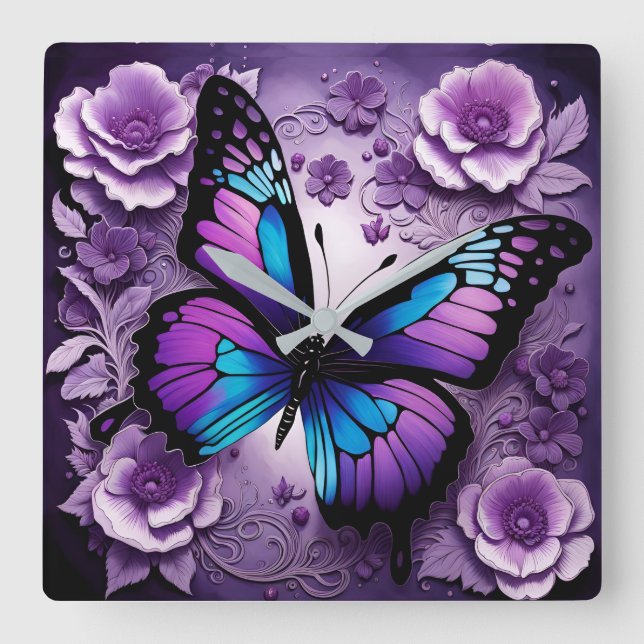 Lila Butterfly Quadratische Wanduhr (Vorderseite)