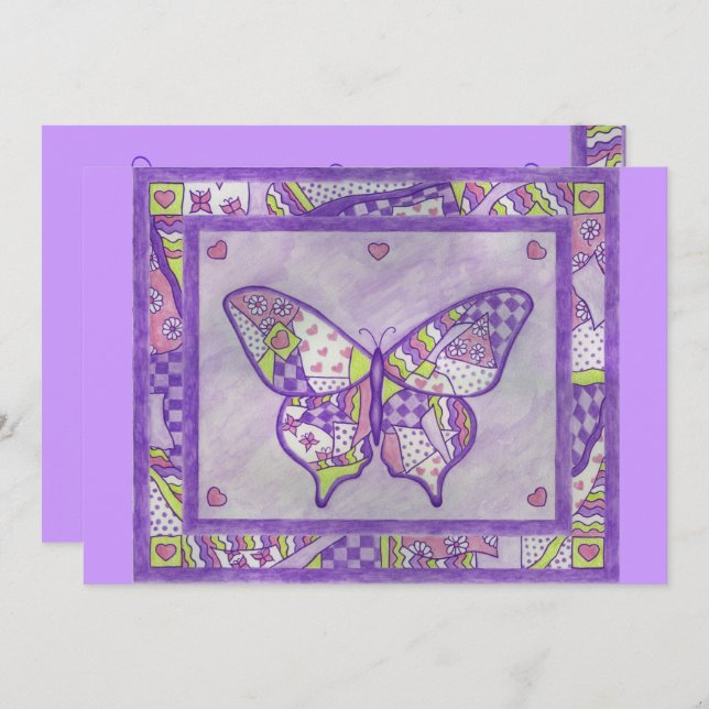 Lila Butterfly-Quilt-Einladung Einladung (Vorne/Hinten)