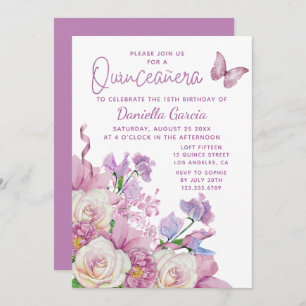 Lila Butterfly Wasserfarbe Quinceñera Einladung