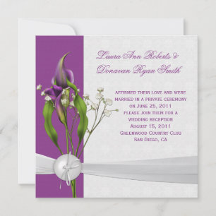 Lila Calla-Lilien Weiße Damast-Hochzeit danach Einladung