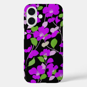 LILA CAMELLIAS, WEISSE GRÜNE BLÄTTER BLACK floral iPhone 16 Hülle