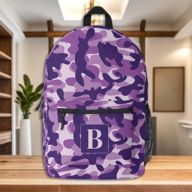 Lila Camouflage Personalisiert Girly Monogram Camo Bedruckter Rucksack (Von Creator hochgeladen)