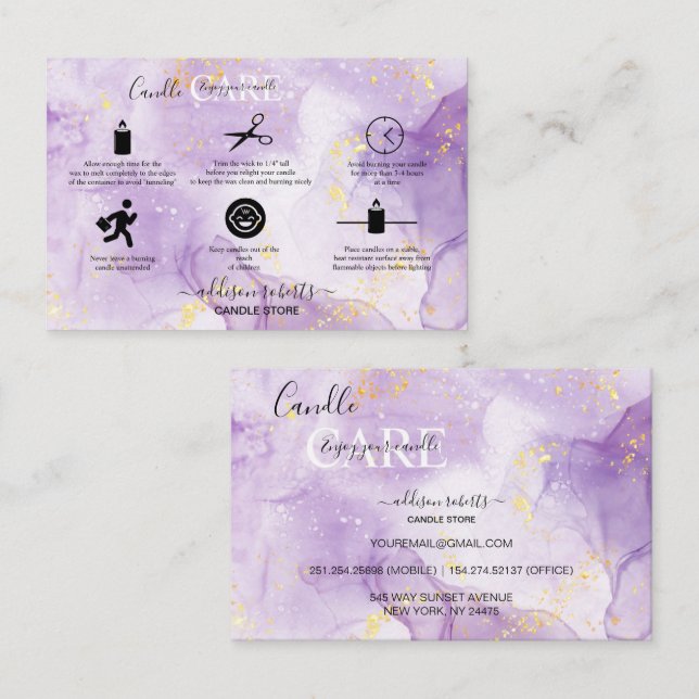 Lila Candle Care Square Business Card Visitenkarte (Vorne/Hinten)