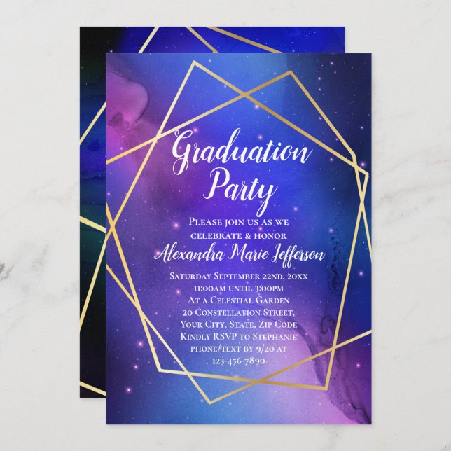 Lila Celestial Geometric Gold Graduation Party Einladung (Vorne/Hinten)