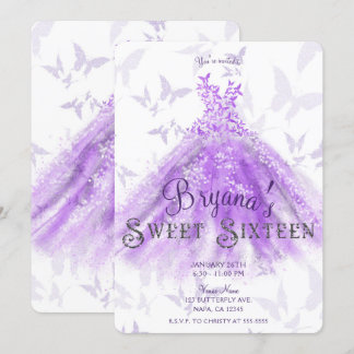 Lila Chic Butterfly Dance Dress Sweet 16 Einladung