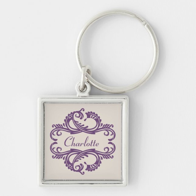 Lila Chic Damask Premium Schlüsselanhänger (Vorne)