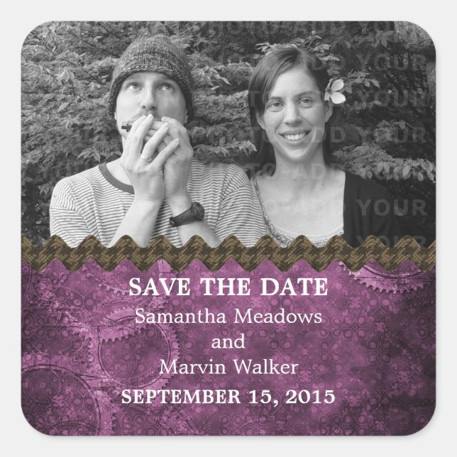 Lila Chic Steampunk Foto Save the Date Stickers (Vorderseite)