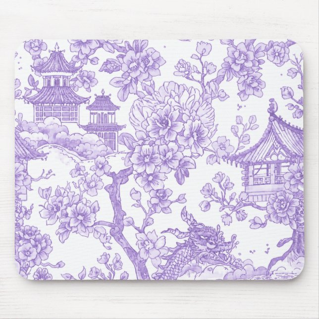 Lila Chinoiserie-Toile-Drache Kirschblüte Mousepad (Vorne)