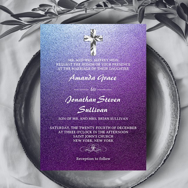 Lila Christliche Crossehe Einladung (Purple Silver Christian Cross Wedding Invitation)