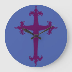Lila christliches Kreuz Große Wanduhr