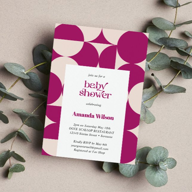 Lila Circle Scallop Mitte Jahrhundert Babydusche Einladung (Purple Gender Neutral Mid Century Modern baby shower invitation. Retro Vintage)