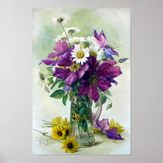 Lila Clematis und White Daisies drucken Poster (Vorne)