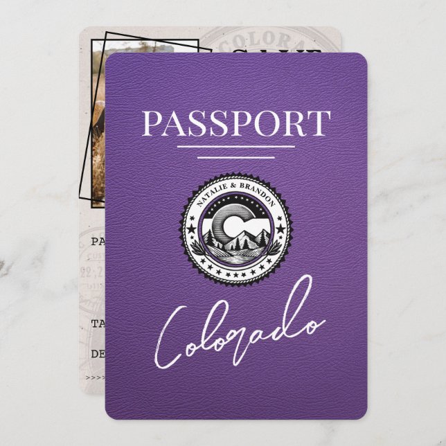 Lila Colorado Passport Save the Date (Vorne/Hinten)