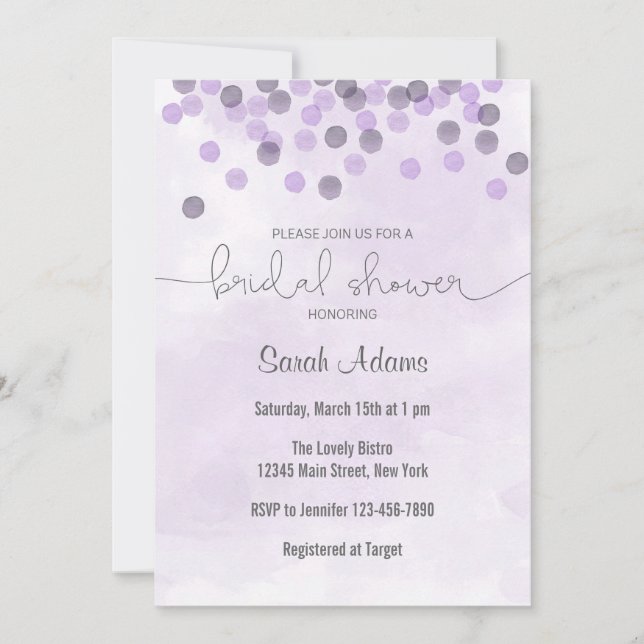 Lila Confetti Bridal Dusche Einladung (Vorderseite)