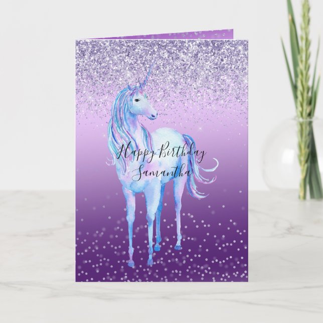 Lila Confetti Ombre Unicorn Glitzer Sparkle Karte (Vorderseite)