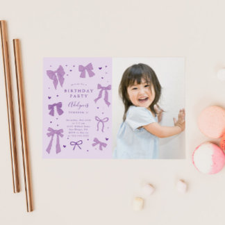 Lila Coquette Bows Geburtstagsparty Foto Einladung