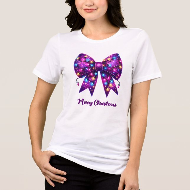 Lila Coquette Christmas Lights Bow Tri-Blend Shirt (Vorderseite)