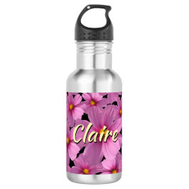 Lila Cosmos-Blume-Design auf schwarzem Hintergrund Edelstahlflasche