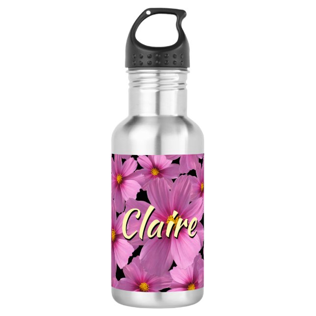 Lila Cosmos-Blume-Design auf schwarzem Hintergrund Edelstahlflasche (Vorderseite)