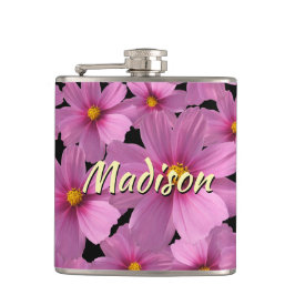 Lila Cosmos-Blume-Design auf schwarzem Hintergrund Flachmann