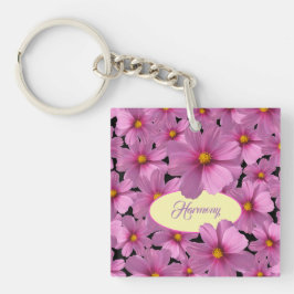Lila Cosmos-Blume-Design auf schwarzem Hintergrund Schlüsselanhänger