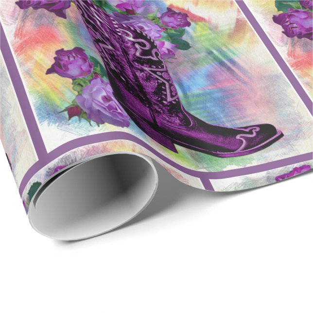 Lila Cowboy-Boot mit Rose auf Watercolor Geschenkpapier (Rolleneckpunkt)