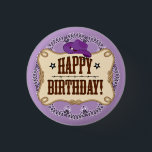 Lila Cowgirl Birthday Button<br><div class="desc">Lila Cowgirl Birthday Button. Dieser lustige Geburtstagsknopf wurde mit einem lustigen Country-Western-Stil entworfen. Entworfen mit einem lila Bandana Hintergrund mit einem lila Cowgirl Hut.</div>