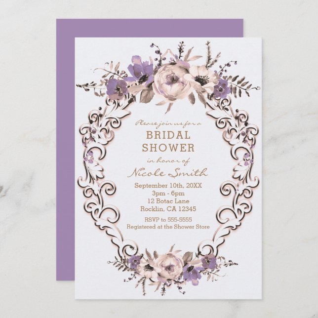 Lila Creme Botanisches Brautparty Einladung (Vorne/Hinten)