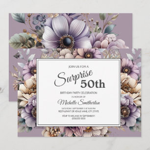 Lila Creme Taupe Blumenüberschrift 50. Geburtstag Einladung